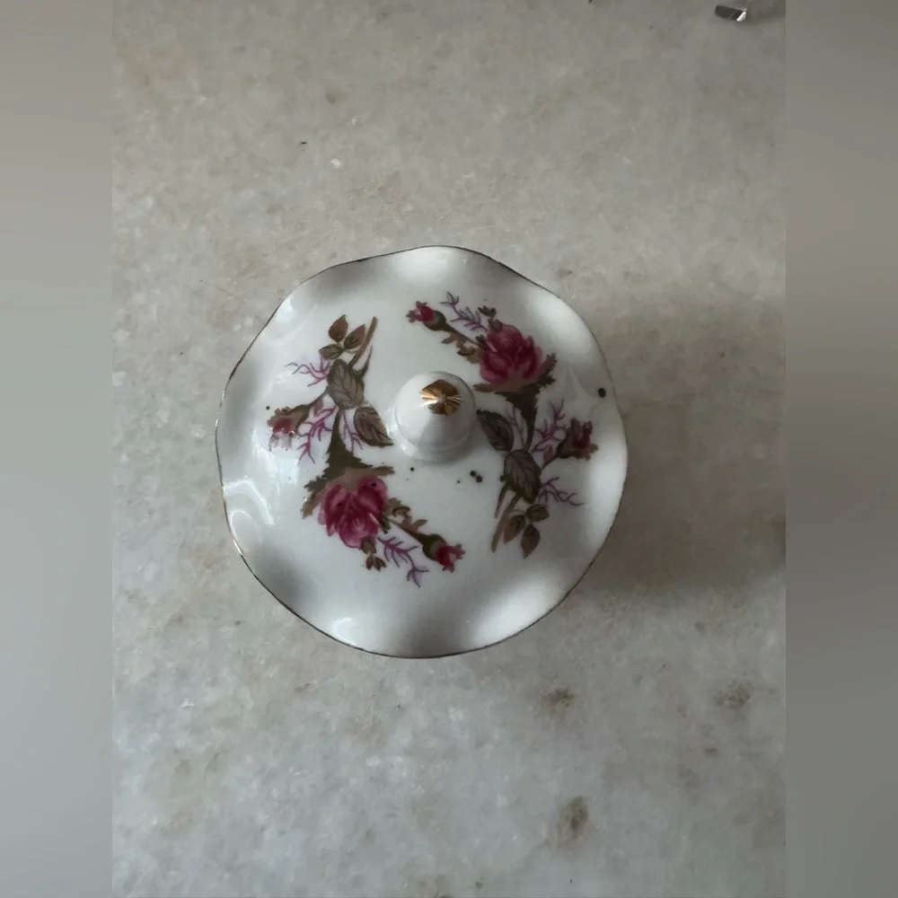 vintage porcelain vanity mirror and jar set